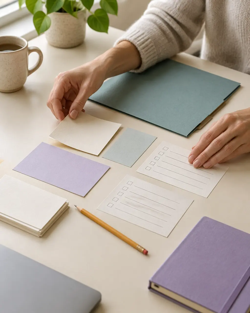 Hands arranging checklists and workflow cards on a desk