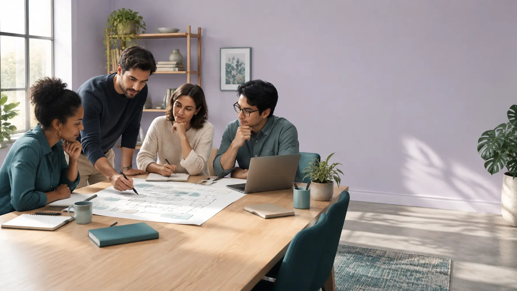 Small team mapping a practical workflow around a table